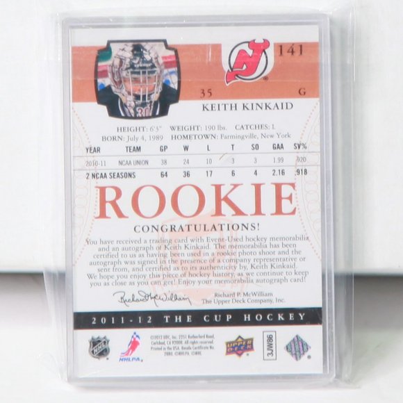 Keith Kinkaid Upper Deck THE CUP HOCKEY 2011/12 Card #141 148/249 Auto/Patch - Picture 2 of 2